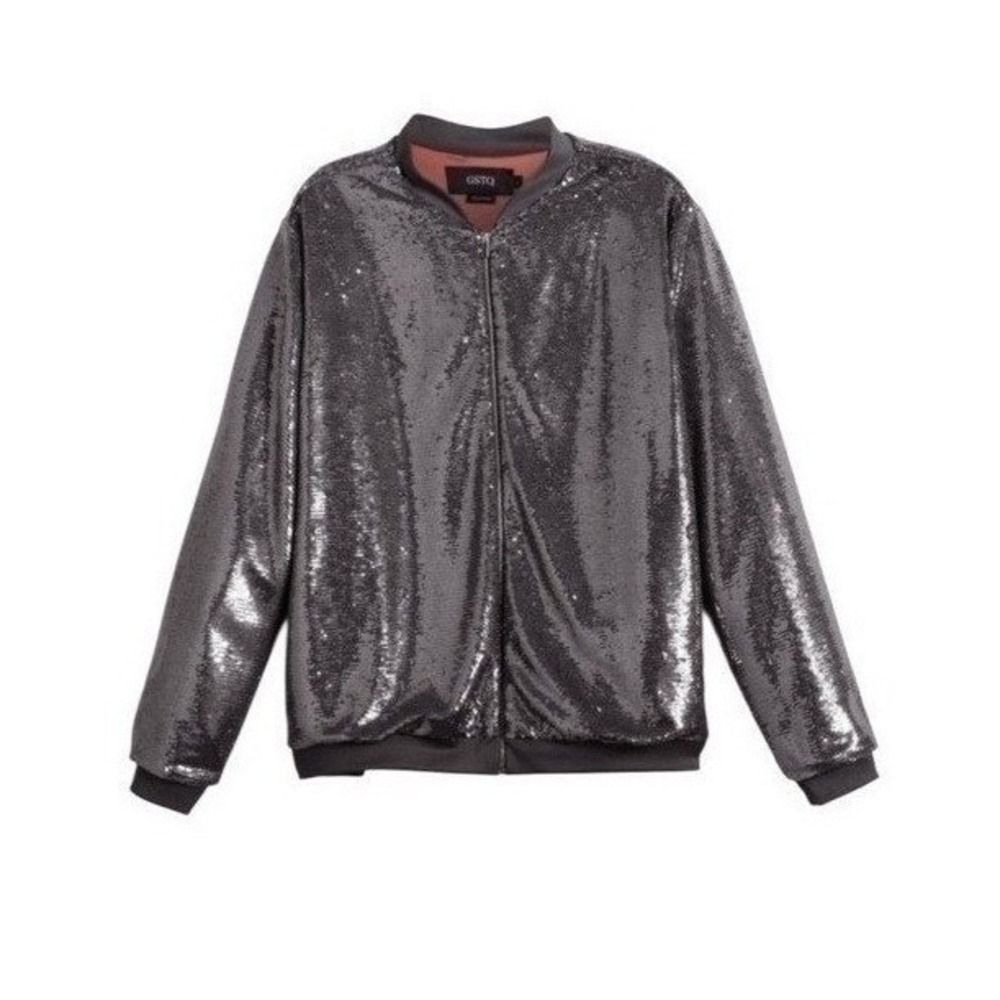 GSTQ Sequin Embellished Bomber Jacket‎ Gray Knit S